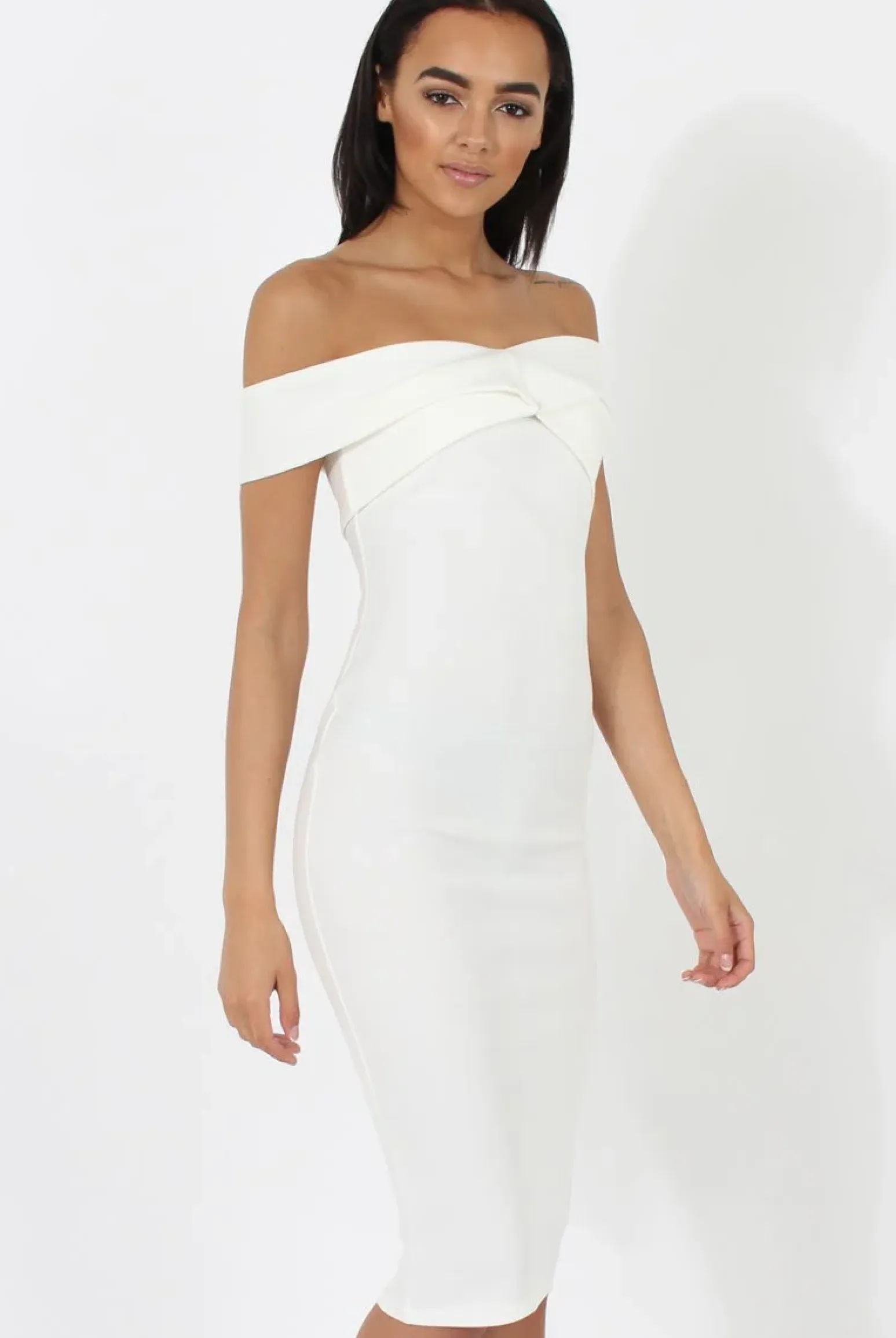 Rebellious Fashion White Bardot Cross Over Detail Midi Dress- China