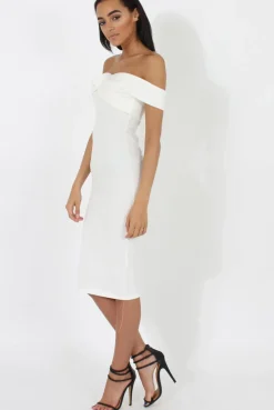 Rebellious Fashion White Bardot Cross Over Detail Midi Dress- China