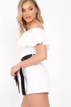 Rebellious Fashion White Bardot Frill Belted Playsuit - Saffron