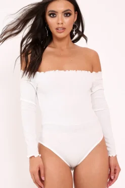 Rebellious Fashion White bardot frill bodysuit - Kari