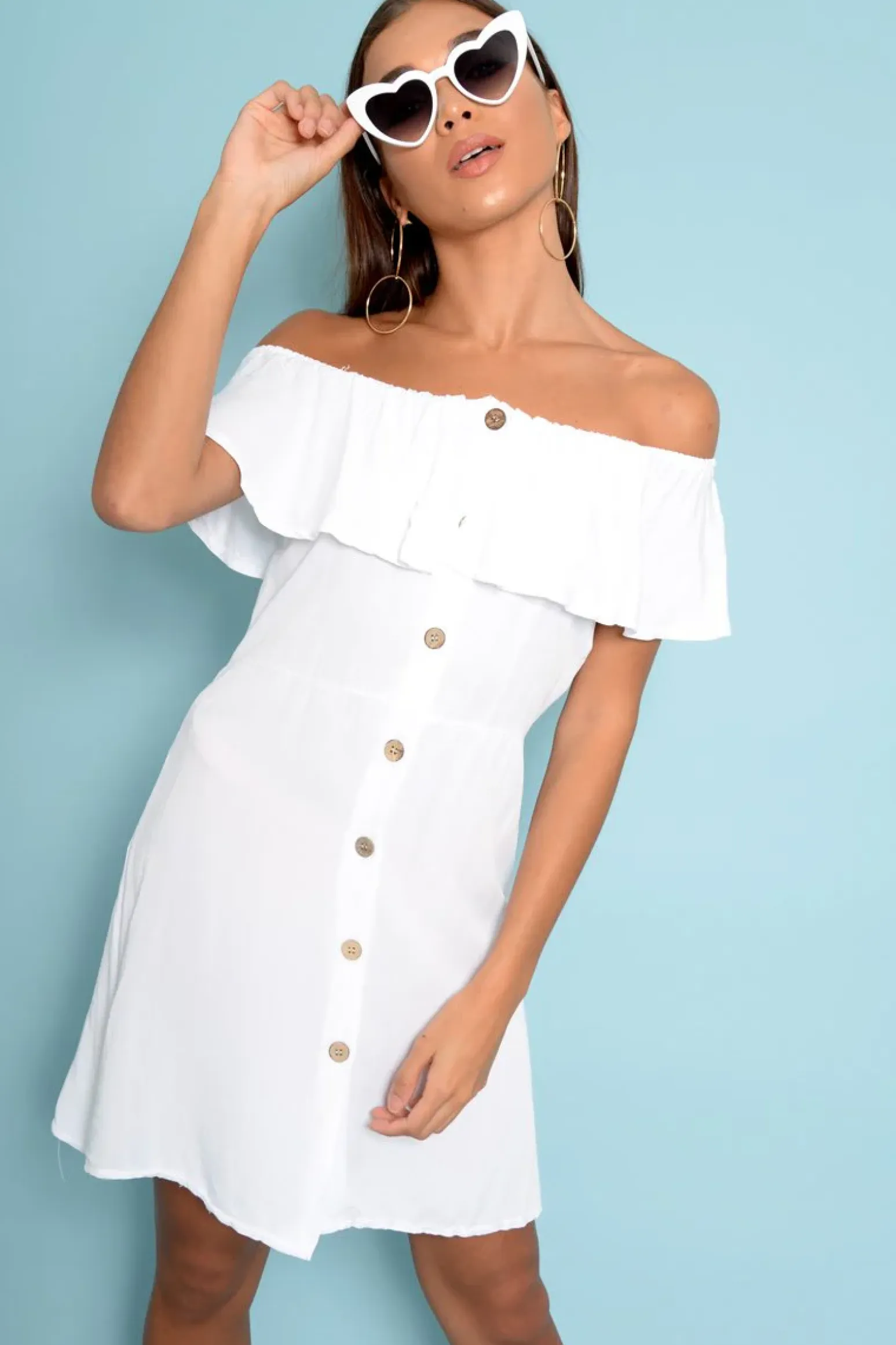 Rebellious Fashion White Bardot Frill Button Front Dress - Julissa