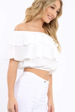 Rebellious Fashion White Bardot Frill Crop Top - Laila