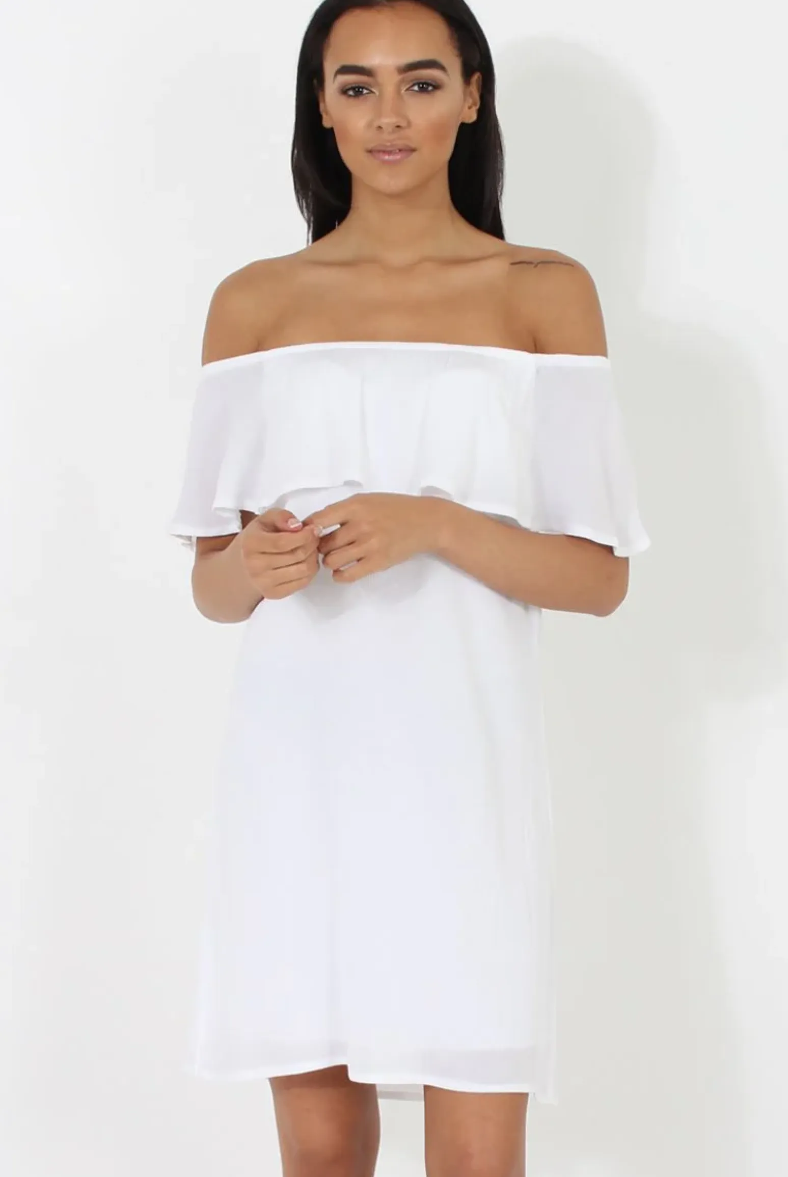 Rebellious Fashion White Bardot Frill Dress - Ophelia