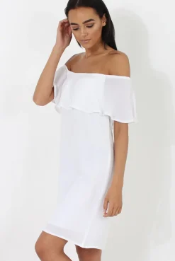 Rebellious Fashion White Bardot Frill Dress - Ophelia