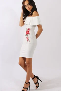Rebellious Fashion White Bardot Frill Embroidered Dress - Jasmine