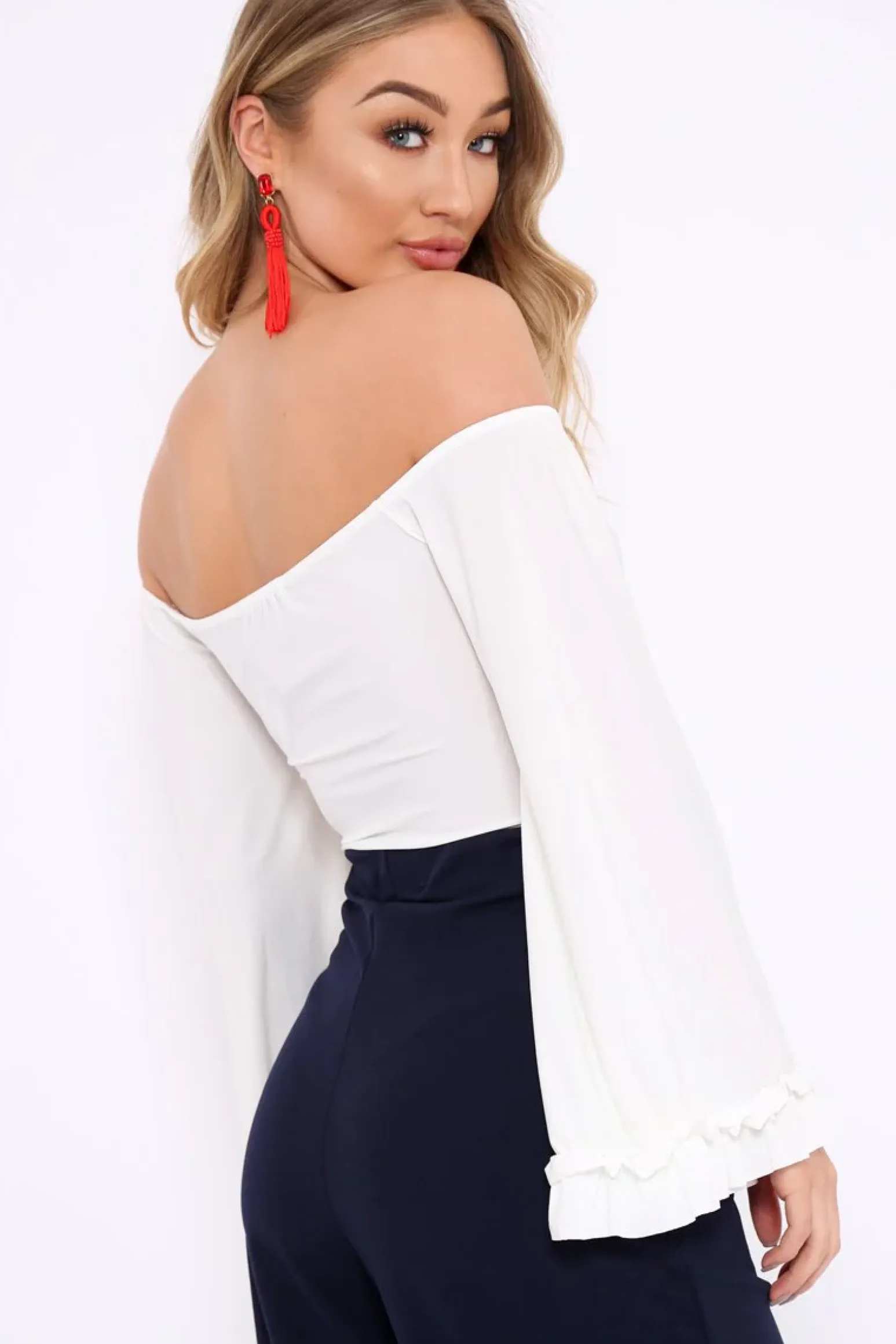 Rebellious Fashion White Bardot Frill Flare Sleeve Bodysuit - Sofiya