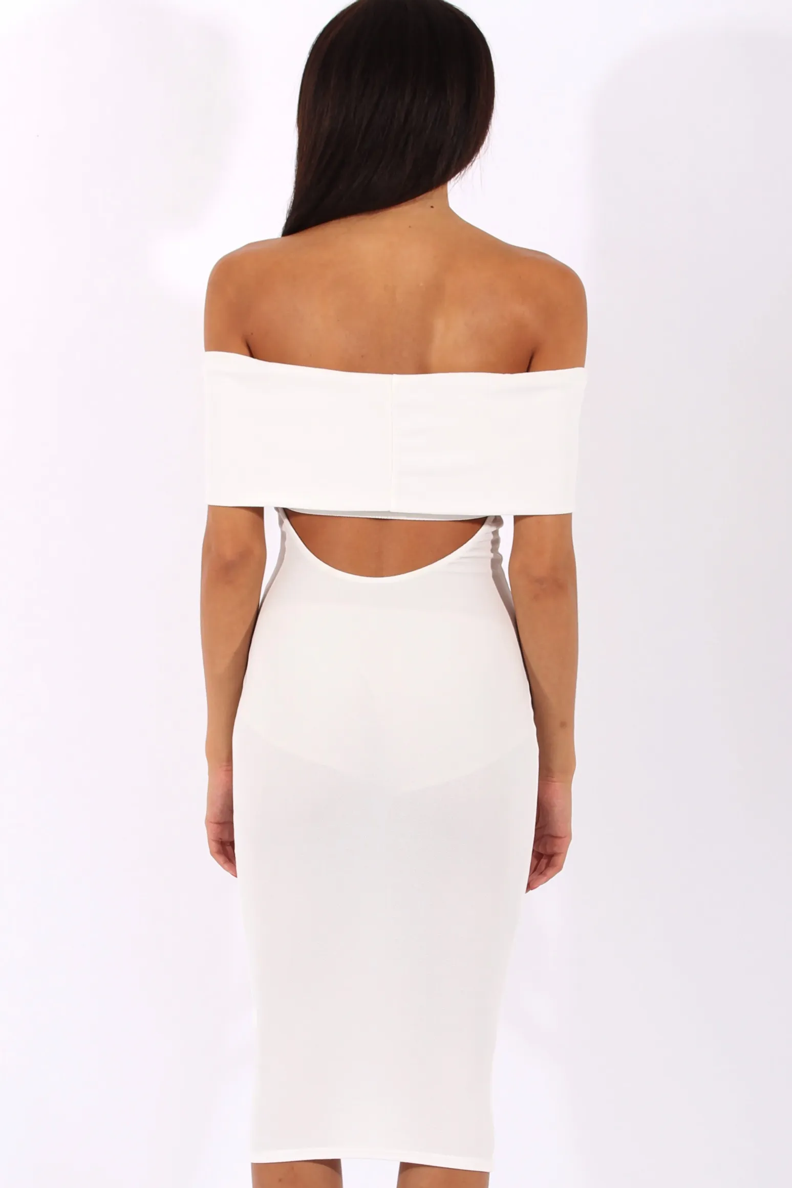 Rebellious Fashion White Bardot Frill Open Back Midi Dress - Trish