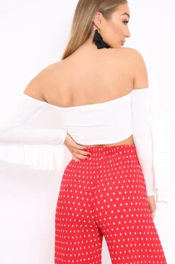 Rebellious Fashion White Bardot Frill Sleeve Crop Top - Nancie