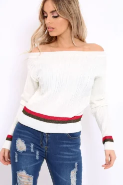 Rebellious Fashion White Bardot Jumper with Stripe Detail - Falon