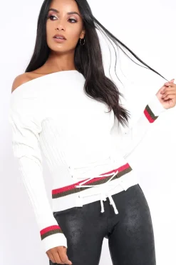 Rebellious Fashion White Bardot Jumper with Stripe and Corset Tie Detail - Sandie