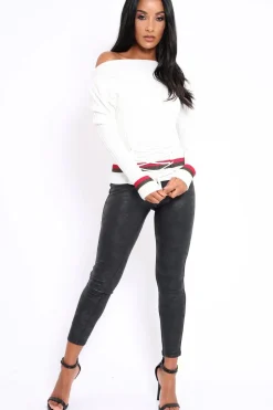 Rebellious Fashion White Bardot Jumper with Stripe and Corset Tie Detail - Sandie