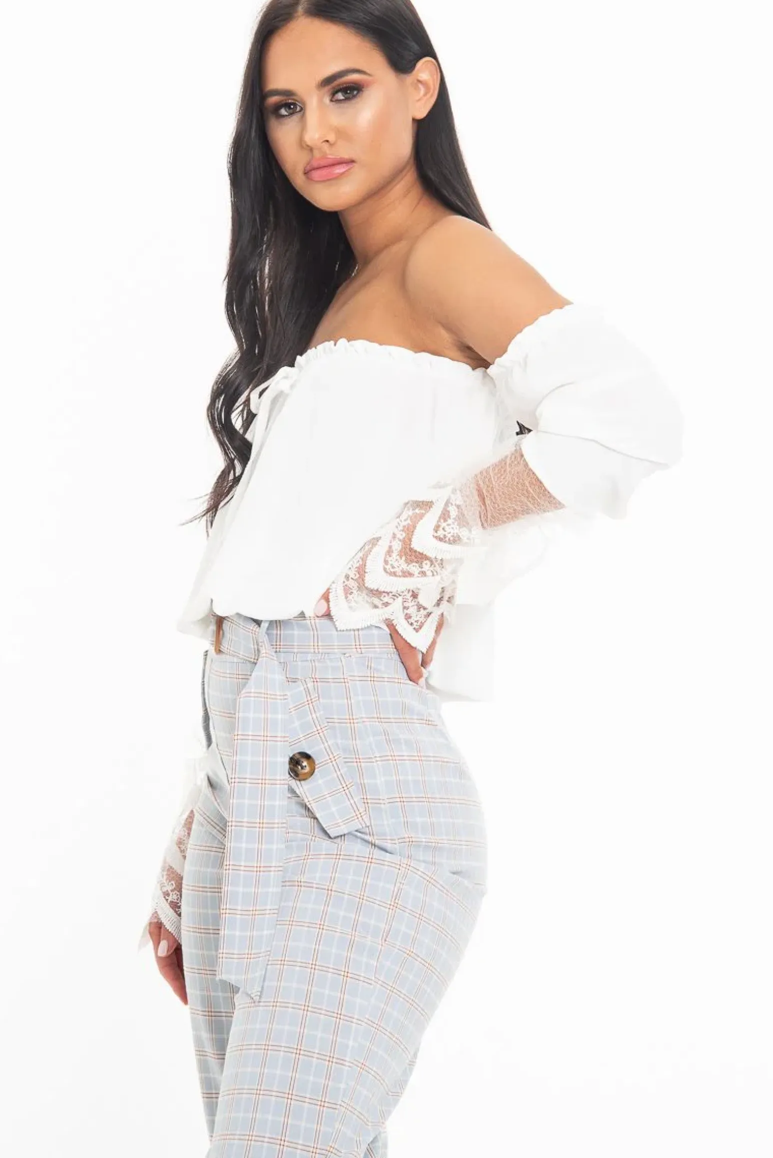 Rebellious Fashion White Bardot Mesh Lace Sleeve Tie Front Top - Mandy