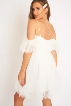Rebellious Fashion White Bardot Off Shoulder Tulle Ruffle Dress - Aarilyn
