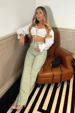 Rebellious Fashion White Bardot Puff Sleeve Tie Crop Top - Kariel