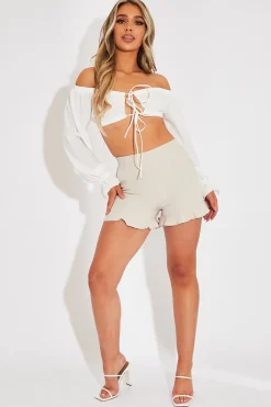 Rebellious Fashion White Bardot Puff Sleeve Tie Crop Top - Kariel