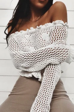Rebellious Fashion White Bardot Ruffle Hem Crochet Top - Byrdie
