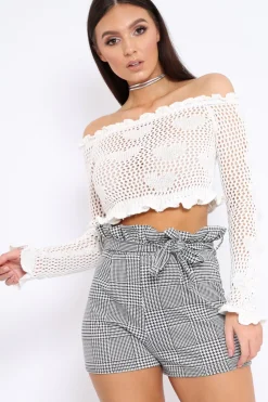 Rebellious Fashion White Bardot Ruffle Hem Crochet Top - Byrdie