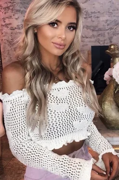 Rebellious Fashion White Bardot Ruffle Hem Crochet Top - Byrdie