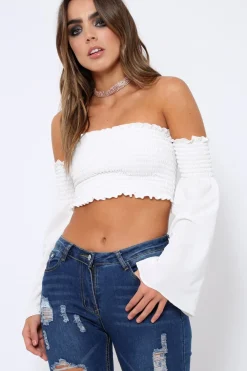 Rebellious Fashion White Bardot Shirred Crop Top with Flared Sleeves - Shera