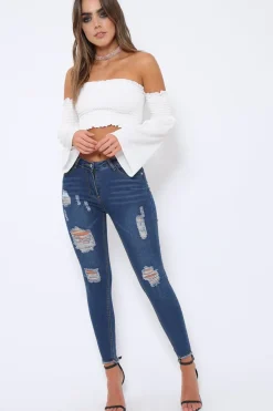 Rebellious Fashion White Bardot Shirred Crop Top with Flared Sleeves - Shera