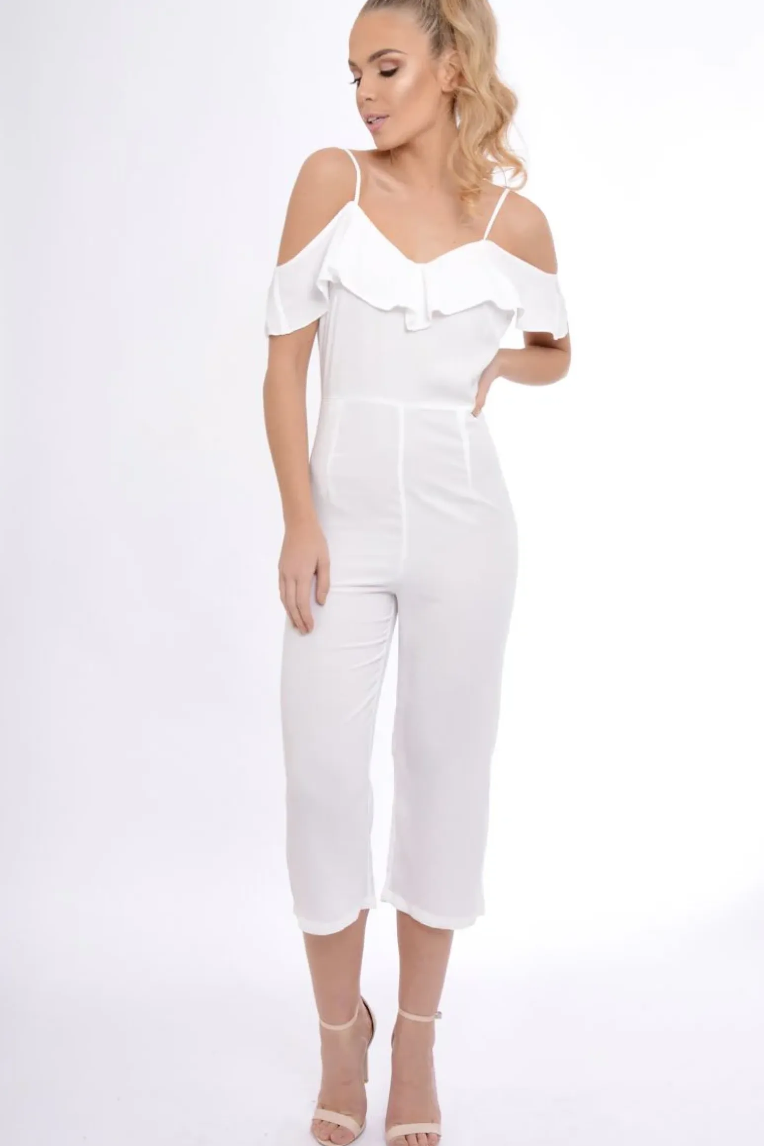 Rebellious Fashion White Bardot Strap Frill Cropped Jumpsuit - Leni