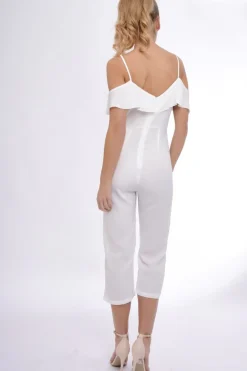 Rebellious Fashion White Bardot Strap Frill Cropped Jumpsuit - Leni