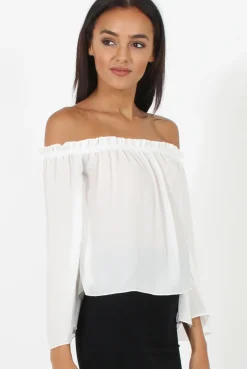 Rebellious Fashion White Bardot Three Quarter Bell Sleeve Crop- Chantelle