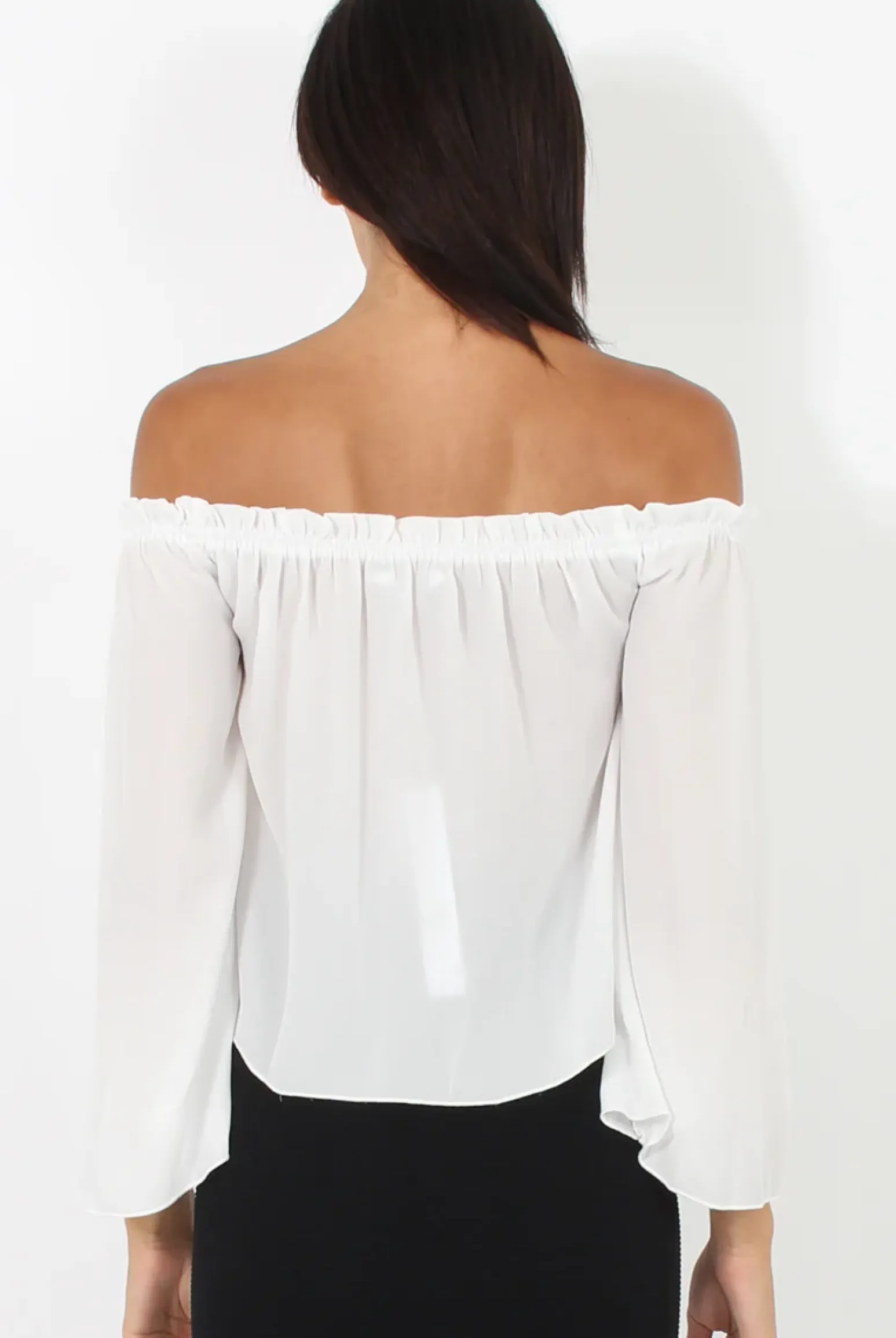 Rebellious Fashion White Bardot Three Quarter Bell Sleeve Crop- Chantelle