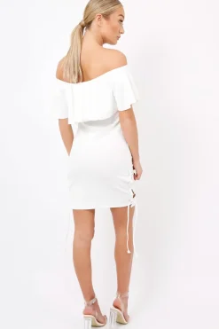 Rebellious Fashion White Bardot Tie Up Eyelet Dress - Myra