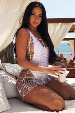 Rebellious Fashion White Beaded Net Drop Dress - Blessyn