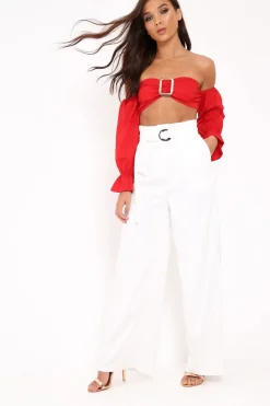 Rebellious Fashion White Belted High Waist Wide Leg Trousers - Elianny