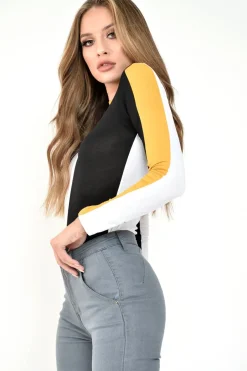 Rebellious Fashion White Black and Mustard Contrast Long Sleeved Bodysuit - Lareen