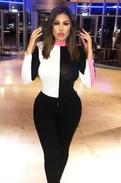 Rebellious Fashion White Black and Neon Pink Contrast Long Sleeved Bodysuit - Lareen