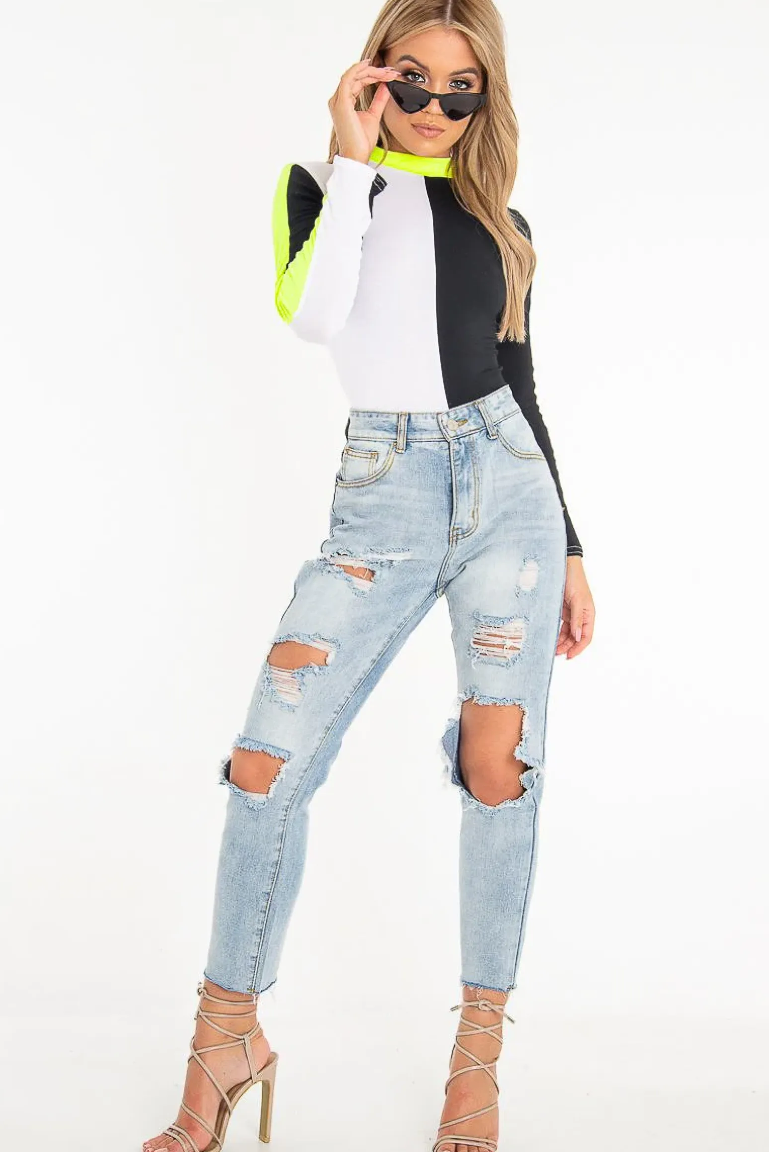 Rebellious Fashion White Black and Neon Yellow Contrast Long Sleeved Bodysuit - Lareen