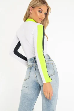 Rebellious Fashion White Black and Neon Yellow Contrast Long Sleeved Bodysuit - Lareen
