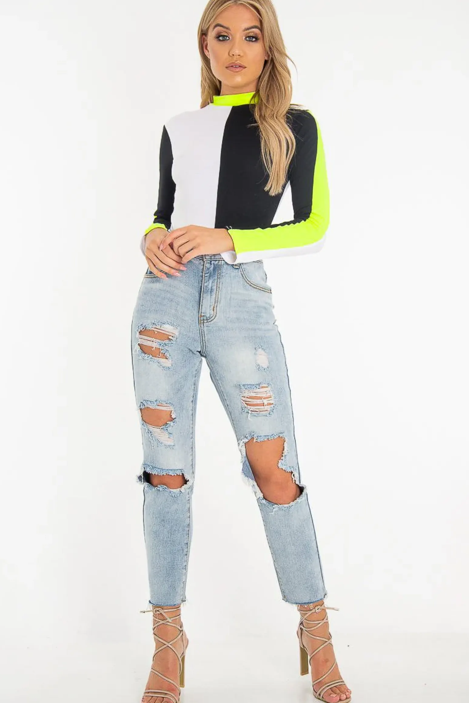 Rebellious Fashion White Black and Neon Yellow Contrast Long Sleeved Bodysuit - Lareen