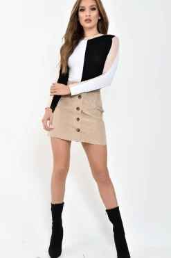 Rebellious Fashion White Black and Nude Contrast Long Sleeved Bodysuit - Lareen