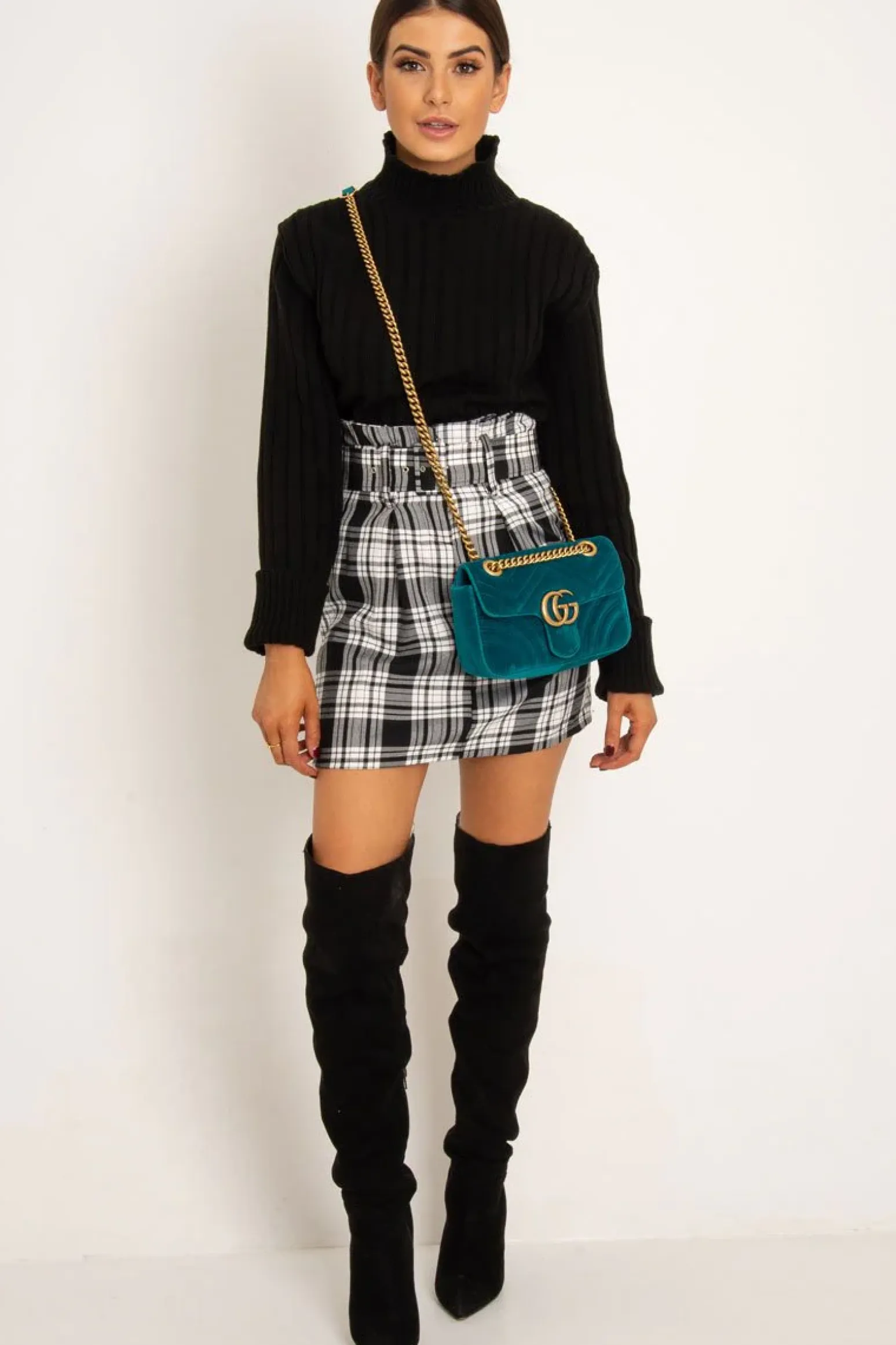 Rebellious Fashion White Black Check Belted Pleated Mini Skirt - Danyka