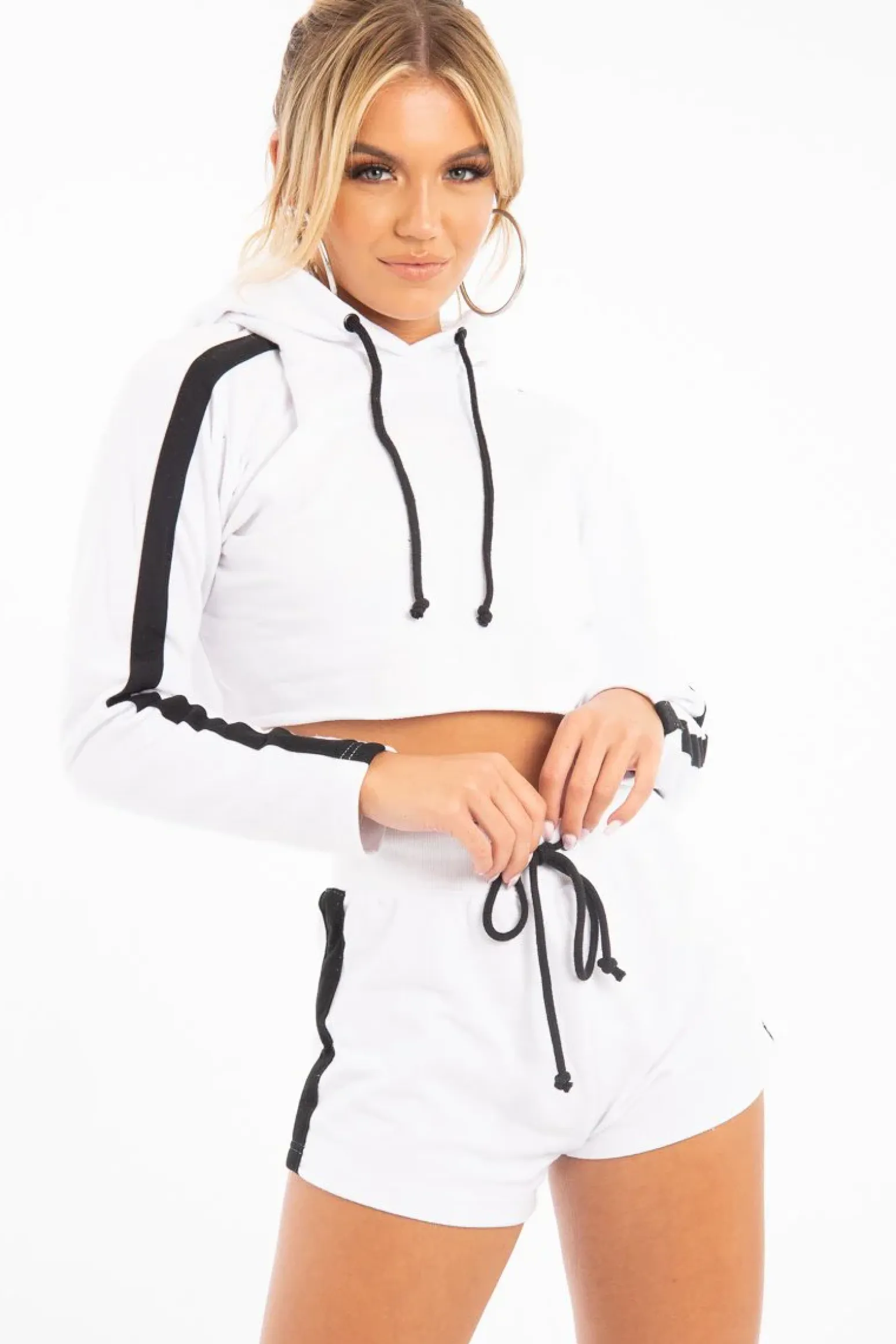 Rebellious Fashion White Black Cropped Hoodie and Shorts Co-ord - Kya