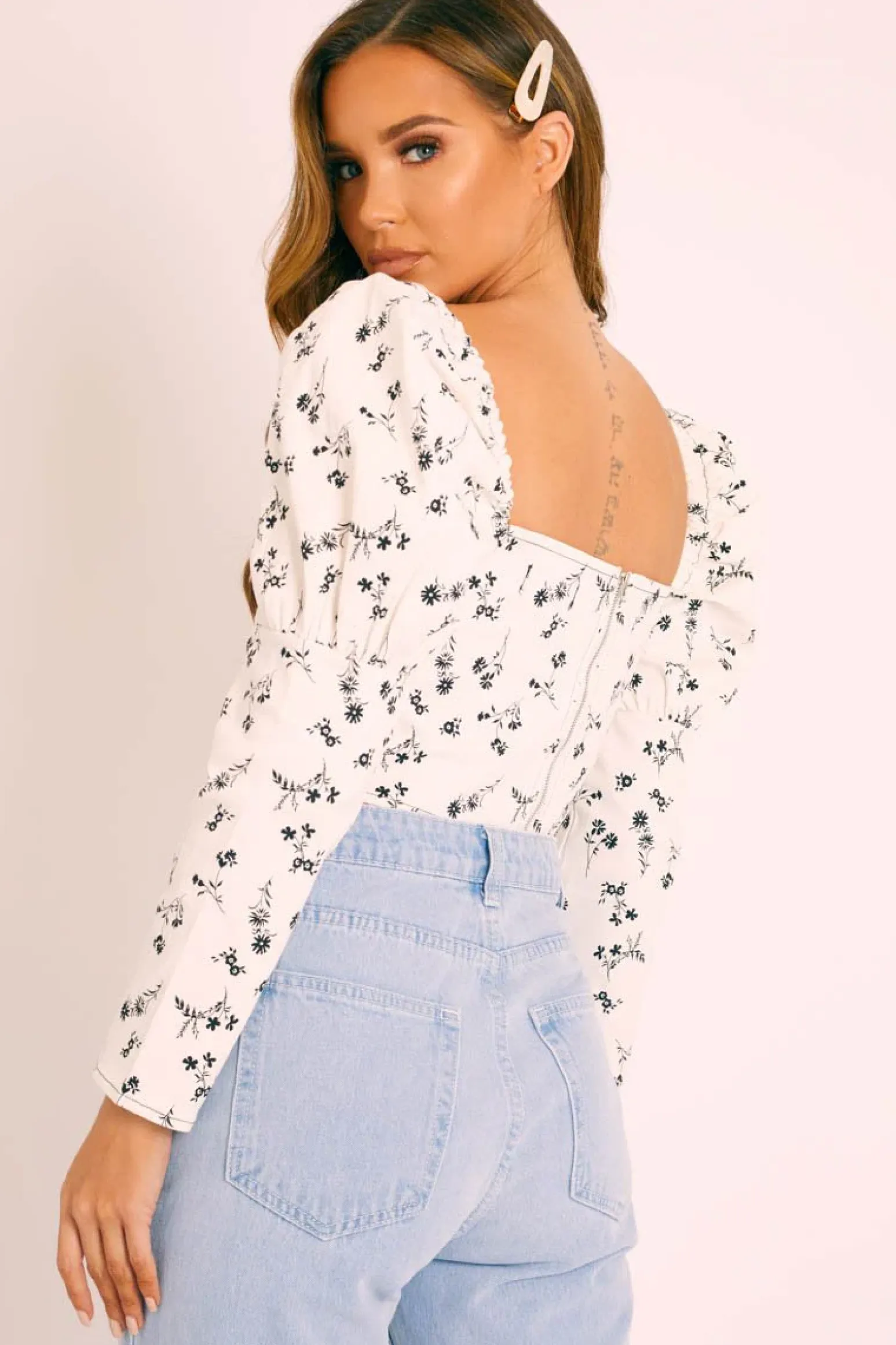 Rebellious Fashion White Black Floral Puff Sleeve Zip Back Crop Top - Carie