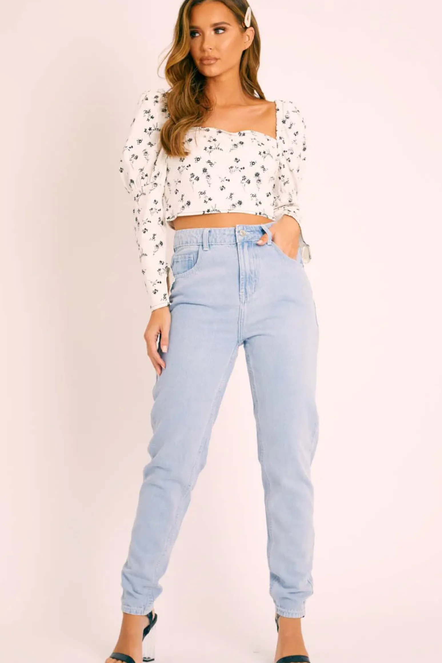 Rebellious Fashion White Black Floral Puff Sleeve Zip Back Crop Top - Carie