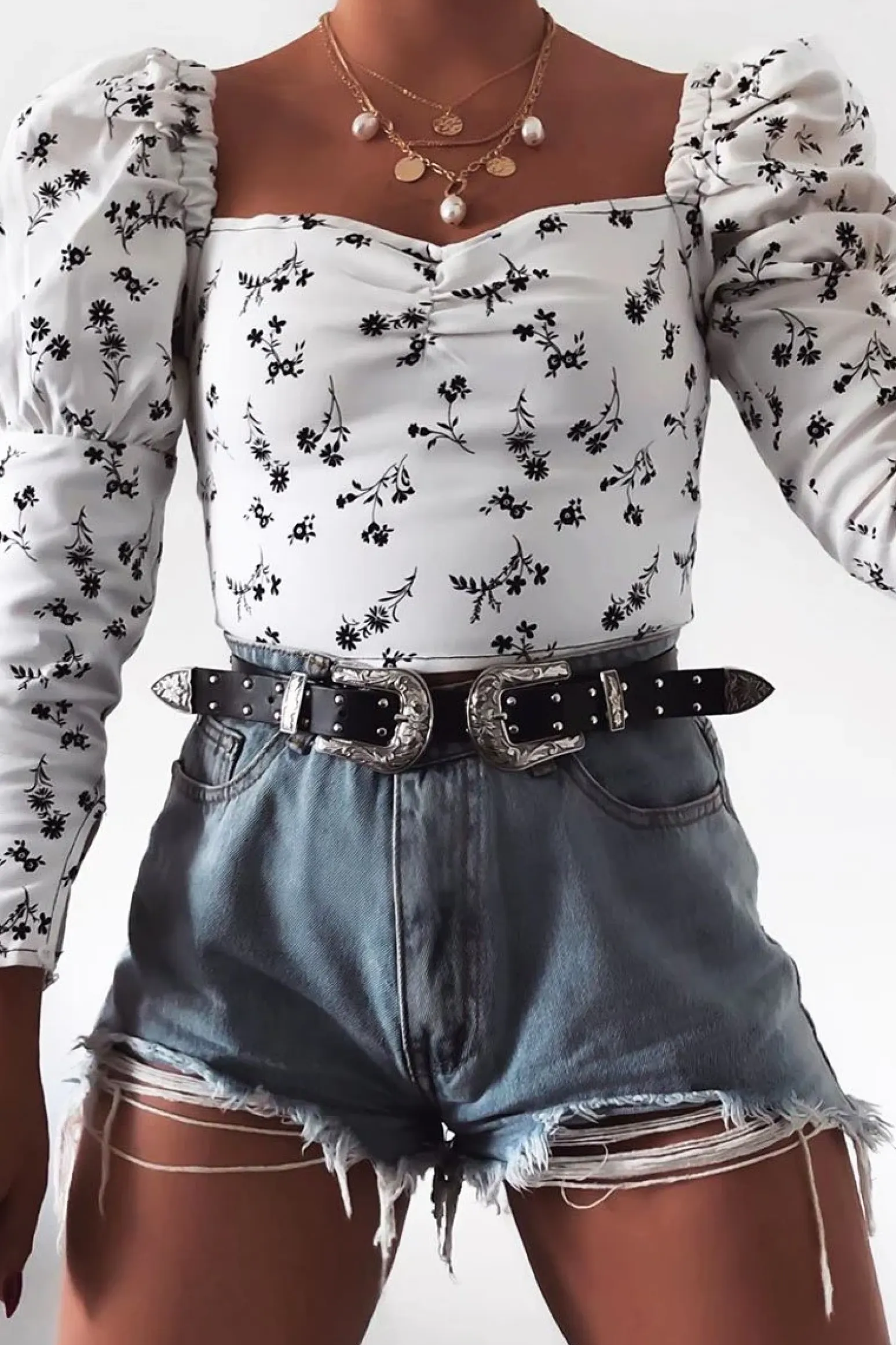 Rebellious Fashion White Black Floral Puff Sleeve Zip Back Crop Top - Carie