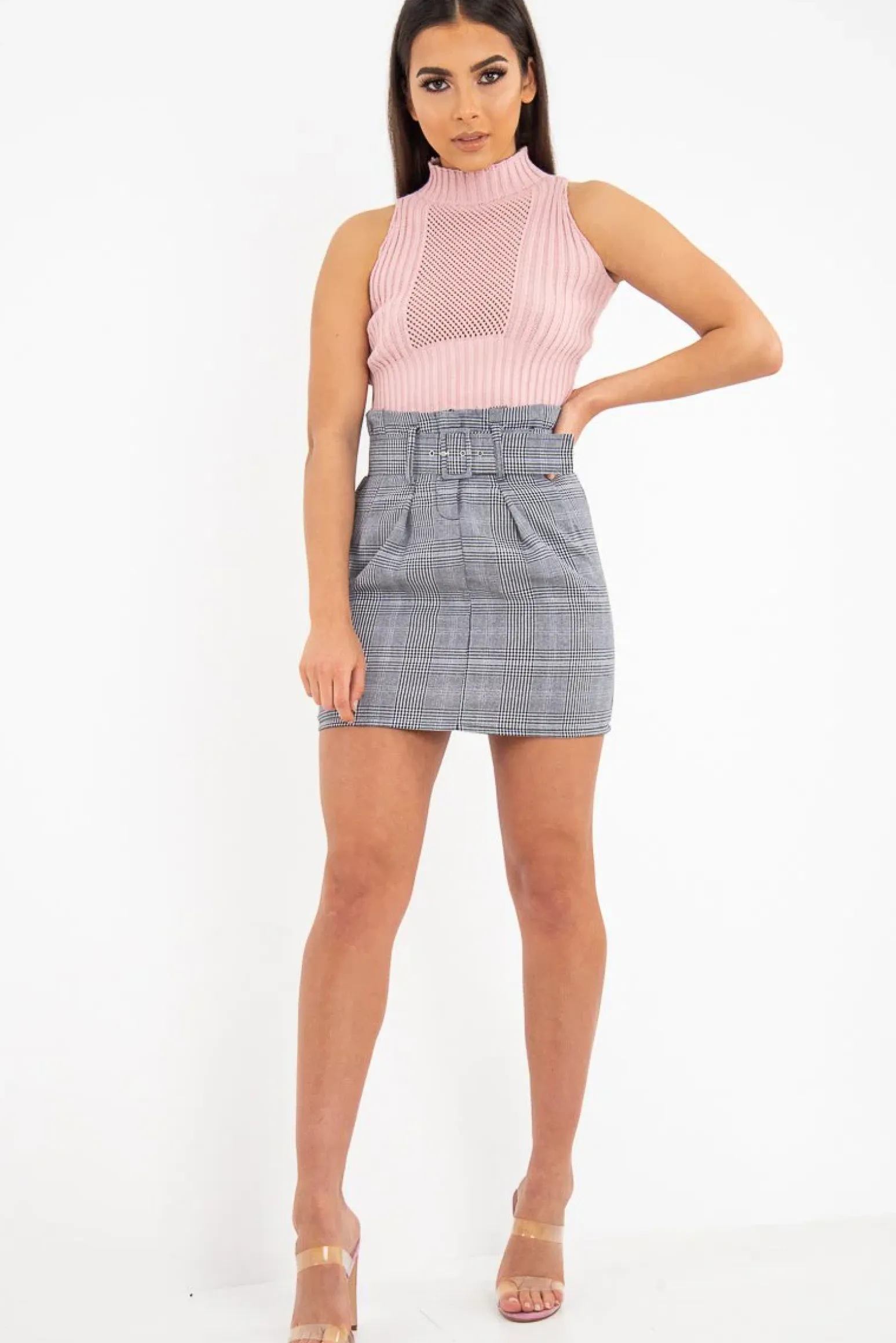 Rebellious Fashion White Black Houndstooth Belted Pleated Mini Skirt - Danyka