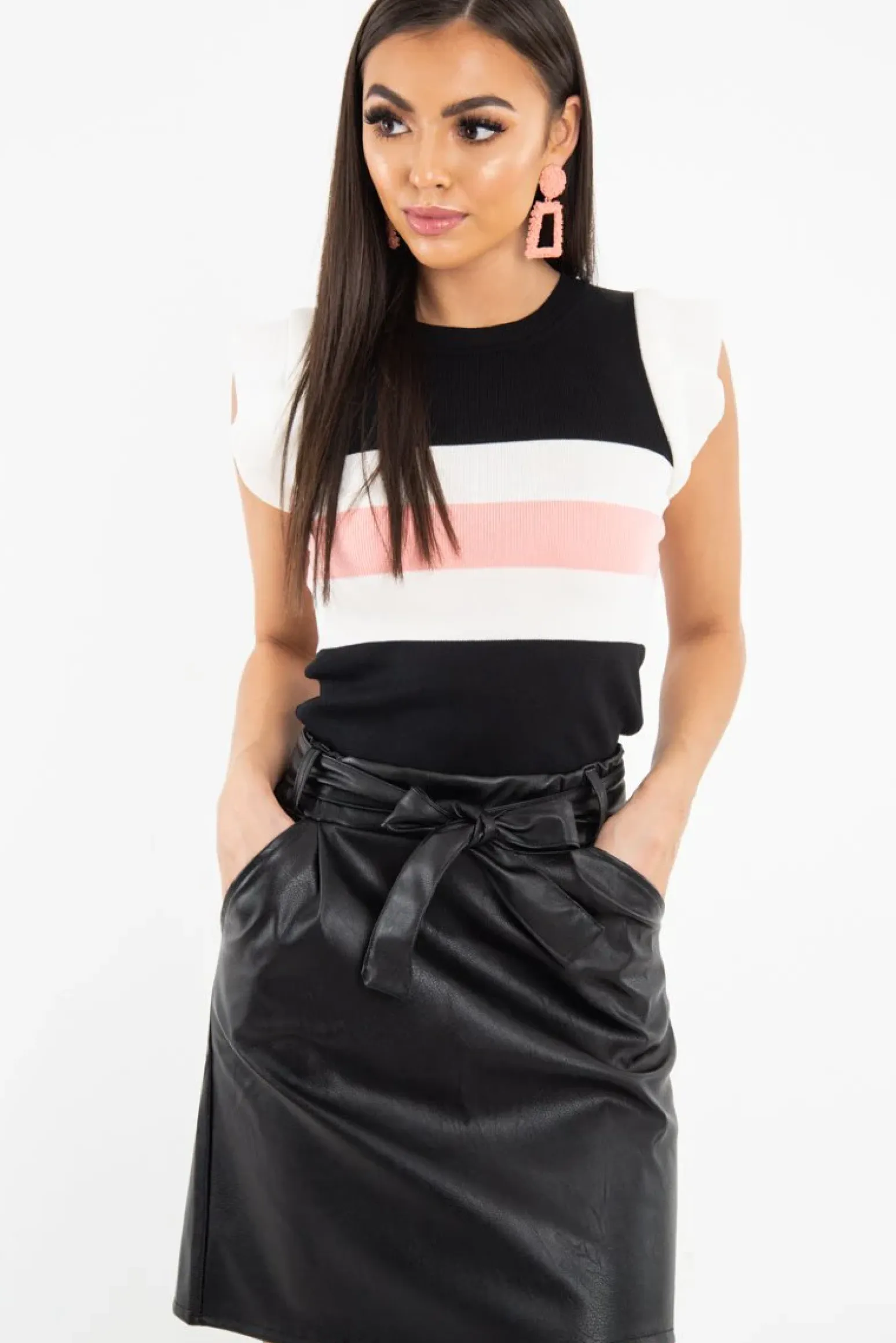 Rebellious Fashion White Black Pink Stripe Ruffle Rib Knit Top - Elyne
