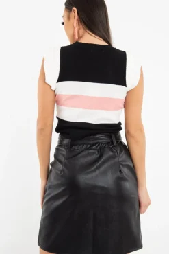 Rebellious Fashion White Black Pink Stripe Ruffle Rib Knit Top - Elyne