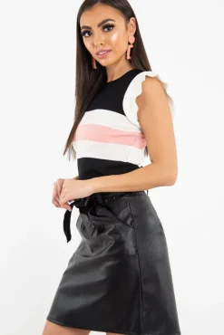 Rebellious Fashion White Black Pink Stripe Ruffle Rib Knit Top - Elyne