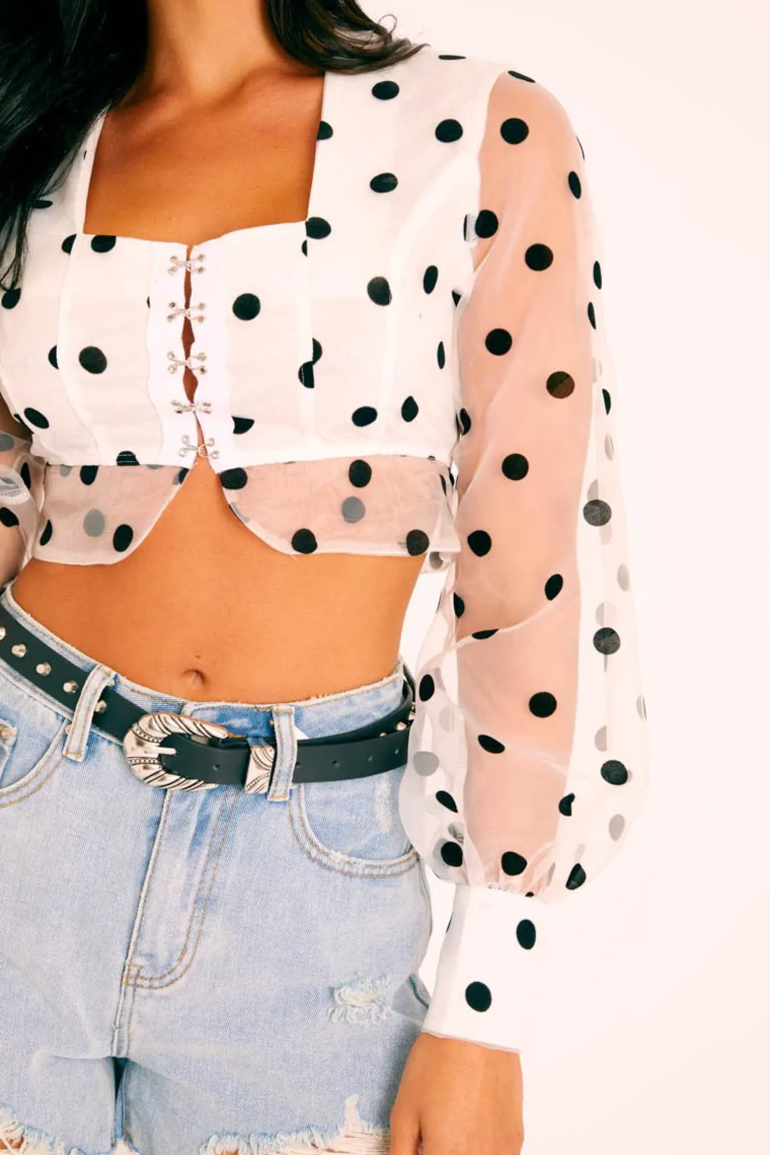 Rebellious Fashion White Black Polka Dot Mesh Front Fastening Crop Top - Kacy