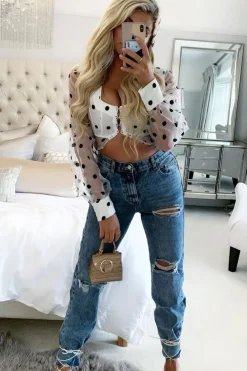 Rebellious Fashion White Black Polka Dot Mesh Front Fastening Crop Top - Kacy