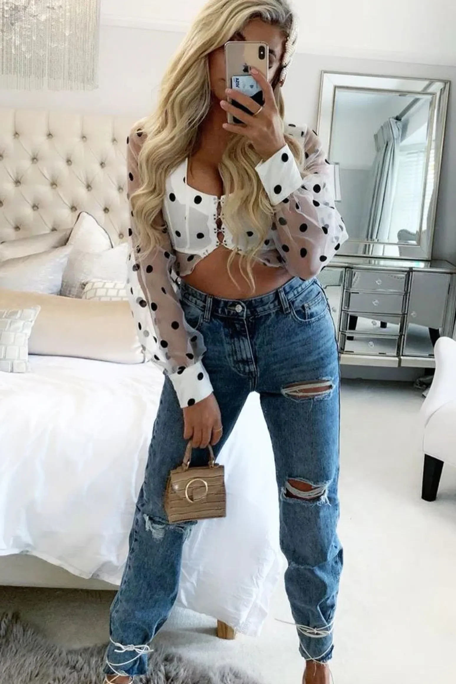 Rebellious Fashion White Black Polka Dot Mesh Front Fastening Crop Top - Kacy