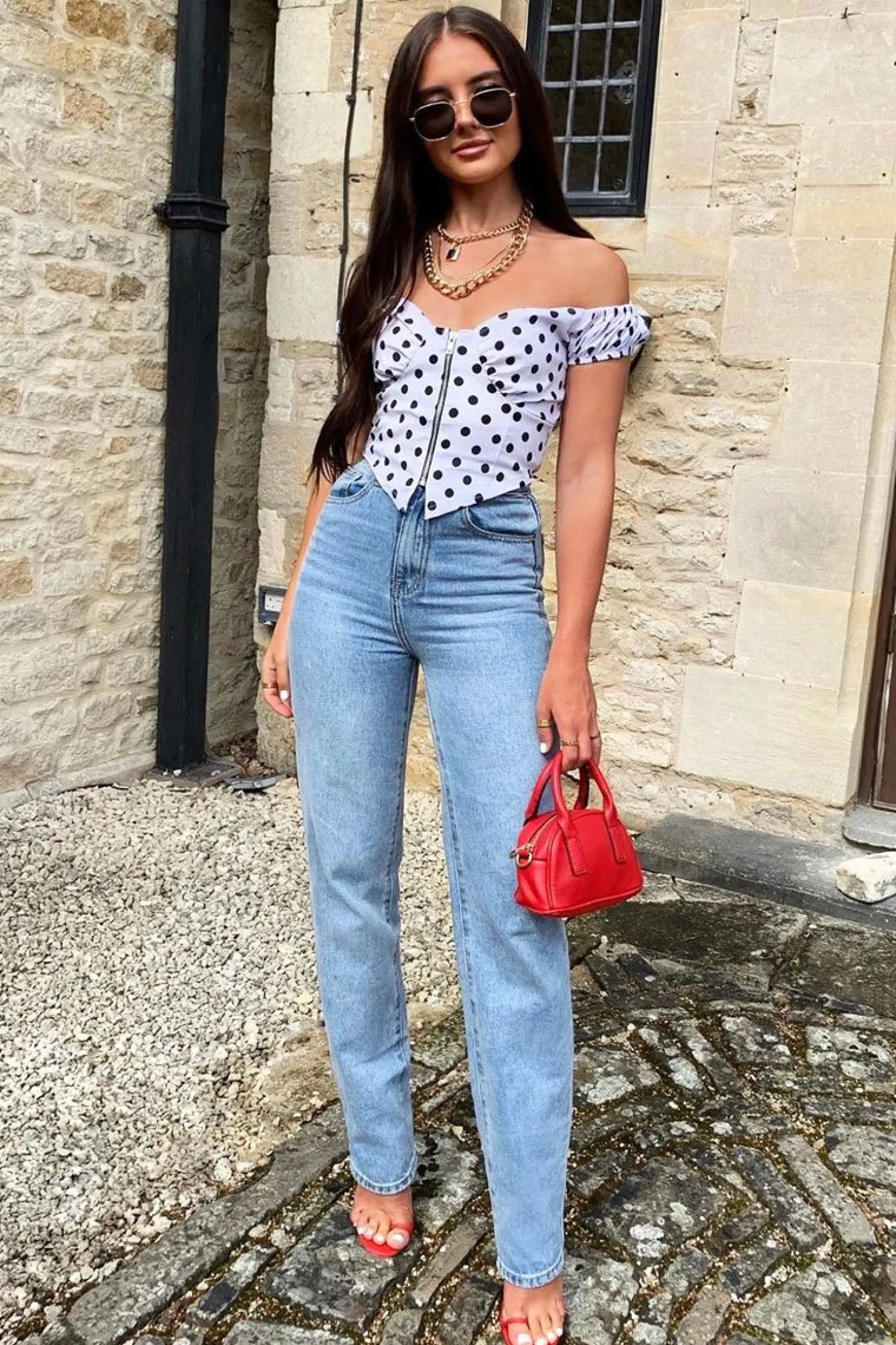 Rebellious Fashion White Black Polka Dot Zip Front Milkmaid Crop Top - Rubie